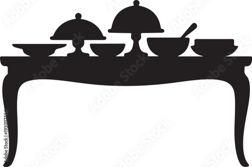 Black silhouette of table with covered dishes and bowls