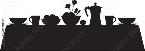 Black silhouette of table with coffee cups and teapot