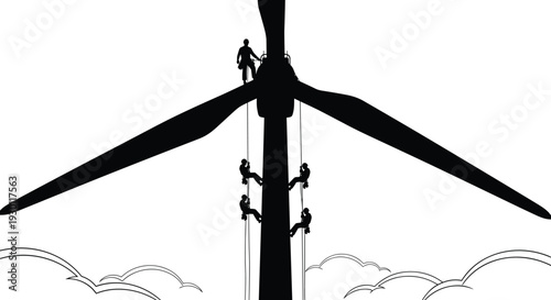 Wind turbine maintenance workers silhouette, industrial rope access technicians on renewable energy generator vector illustration