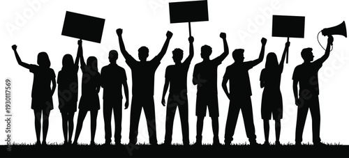 Black silhouettes of a diverse crowd of people protesting with placards and a megaphone, activists demonstrating for human rights on white.