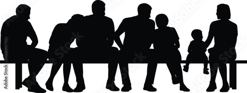 Black silhouette of people sitting on bench, family and friends talking, architectural entourage CAD drawing flat vector illustration for post digital rendering.