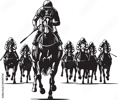 Horse racing illustration vector silhouette with multiple horses and jockeys on track
