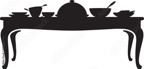 Black silhouette of table with dishes and serving ware