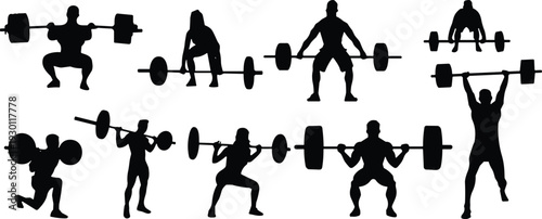 Weightlifting silhouettes set of athletes training with barbell, squat, deadlift and overhead press exercises, strength workout concept, isolated black figures on white.
