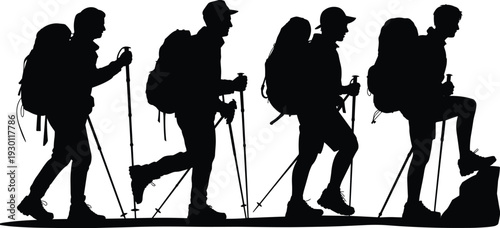 Black silhouettes of a group of hikers with backpacks and trekking poles, set of people climbing a mountain on white.