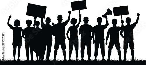 Black silhouettes of a large crowd of protesters holding placards and megaphone, group of activists demonstrating for rights on white.