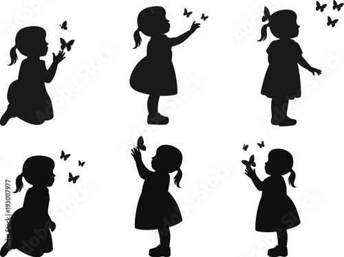 Black silhouettes of a little girl playing with butterflies, set of various poses of a child reaching for flying insects.