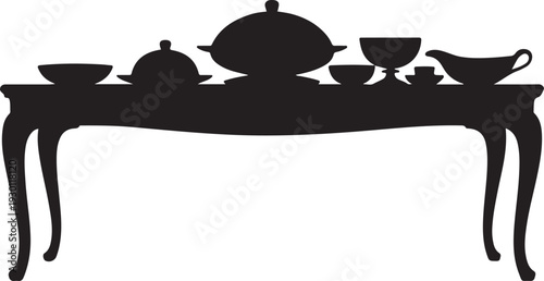 Black silhouette of table with dishes white background