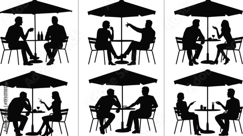 Black silhouette of people sitting under umbrellas at cafe tables, architectural entourage CAD drawing flat vector illustration for post digital rendering. (20 words)