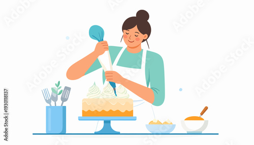 Woman Decorating Cake with Icing