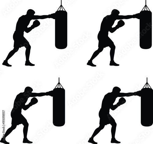 Black silhouettes of a male boxer training with a heavy punching bag, set of four athletic man figures on white.