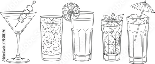 Cocktail and mocktail glass collection line art vector illustration, martini, juice and iced drinks with garnish, outline beverage set isolated on white background