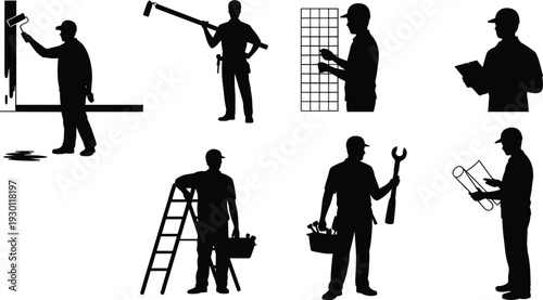 Construction worker silhouettes with tools ladder and blueprint isolated on white background
