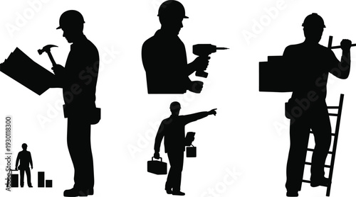 Construction worker silhouettes, hammer blueprint, power drill usage, toolbox carrying, ladder climbing, site inspection, hard hat safety artwork design