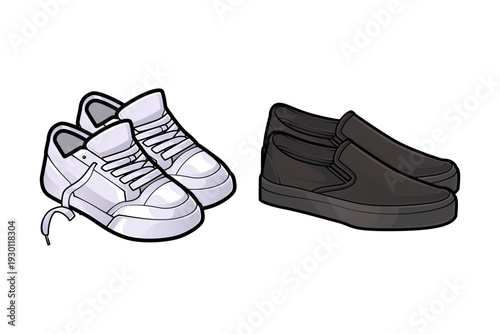 Colored vector illustration set of casual footwear featuring a pair of white untied sneakers and black slip-on shoes. Perfect for streetwear branding, retail mockups, and fashion catalogs.