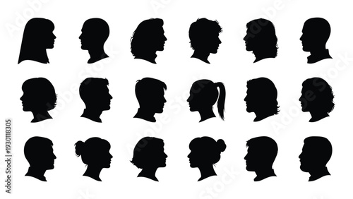 A group of black silhouettes of people's heads isolated on white background, Vector