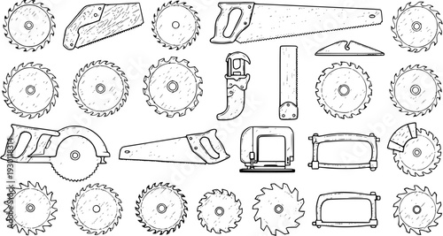 Detailed hand-drawn collection of various woodworking saws, circular blades, and power tools like jigsaws for carpentry and construction projects.