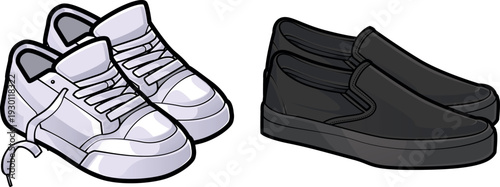 Colored vector illustration set of casual footwear featuring a pair of white untied sneakers and black slip-on shoes. Perfect for streetwear branding, retail mockups, and fashion catalogs.