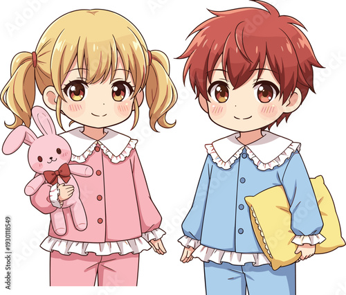 Cute anime siblings in pastel pajamas holding bunny toy and pillow, adorable kids bedtime characters, kawaii style cartoon illustration isolated on white background