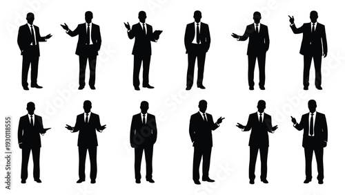 A group of silhouetted businessmen in various poses isolated on white background, Vector