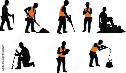 Construction worker silhouettes, jackhammer drilling, shovel digging, power tool usage, clipboard inspection, machinery operation, safety vest, teamwork artwork design