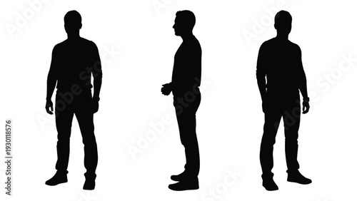 Three black silhouettes of a man in different poses isolated on white background, Vector