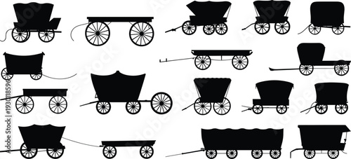 Black silhouette of vintage horse drawn wagons and carriages, western pioneer transportation, cad drawing flat vector illustration for architectural rendering. (20 words)