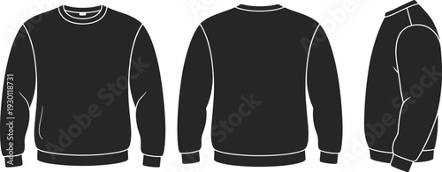 Black sweatshirt technical mockup front back and side view cad drawing flat vector illustration long sleeve crewneck sweater apparel template