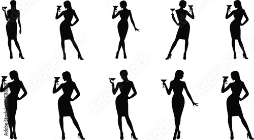 Black silhouettes of elegant women holding cocktail glasses, set of female figures in party dresses for celebration isolated on white.