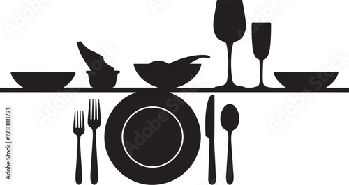 Black silhouette table setting with plate utensils and glasses