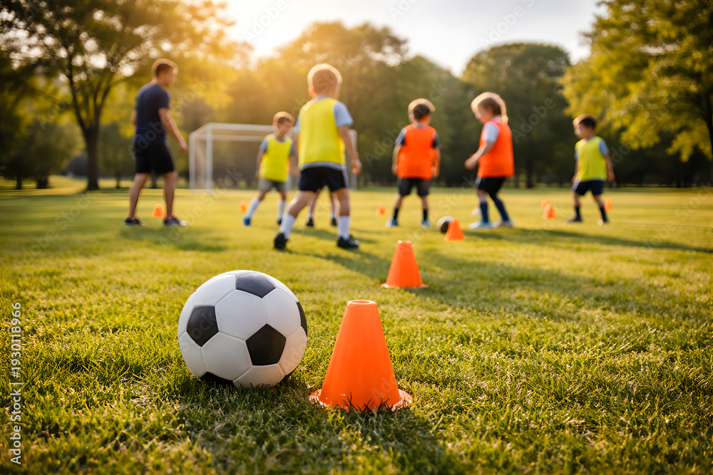 Obraz premium Youth Soccer Training Session with Coach on Grass Field at Sunset
