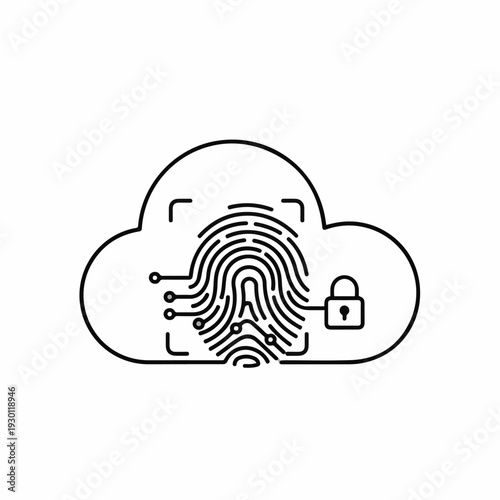A modern, stylized illustration, capturing a cloud-shaped emblem incorporates a fingerprint for data privacy and security. The design suggests protection of digital assets and data.