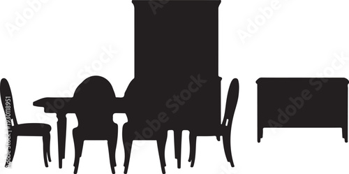Black silhouettes of dining table and chairs on white background