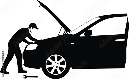 Car mechanic repairing vehicle engine under open hood, auto service silhouette vector illustration isolated on white background