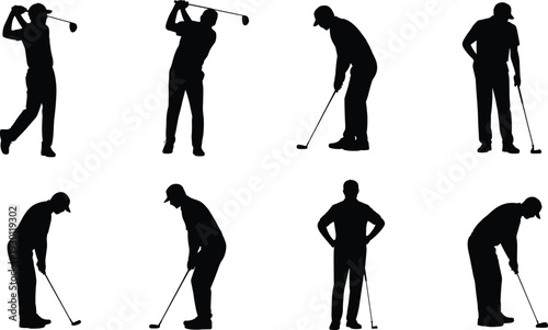 Golf player silhouettes set, men playing golf isolated on white background sports concept