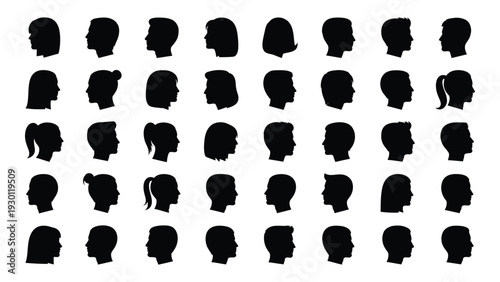 A group of black silhouettes of people's heads isolated on white background, Vector