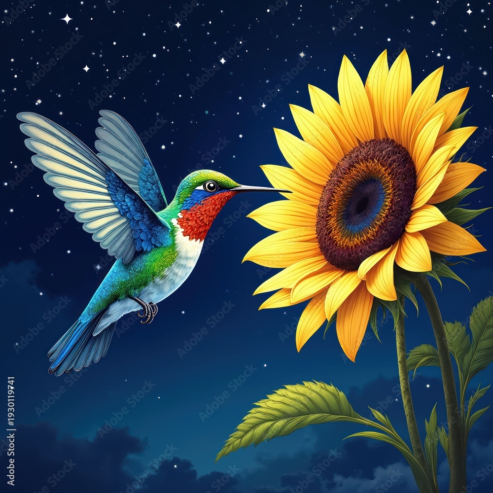 Fototapeta premium Small hummingbird sips nectar from bright sunflower under starry night sky. Bird with colorful feathers hovers near yellow bloom. Tiny creature drinks from big flower.