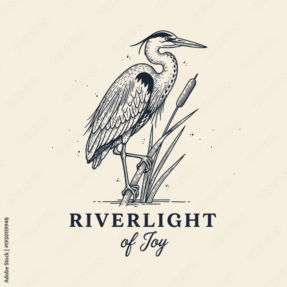 Fototapeta premium Elegant Heron Standing Among Reeds in Detailed Engraving Style Illustration.