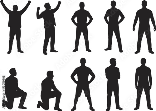 Black silhouettes of successful men in diverse poses, set of confident male figures celebrating, standing, and kneeling isolated on white.Black silhouettes of successful men in diverse poses,