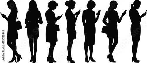 Black silhouettes of professional business women using smartphones, set of diverse female figures in office wear isolated on white background.