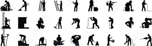 Industrial and construction worker silhouettes set, professionals with tools and equipment isolated on white background