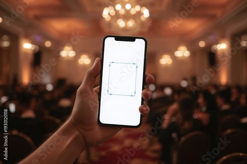 Hand Holding Modern Smartphone with Blank QR Code Scanner Interface at Blurred Elegant Event Venue.