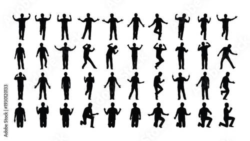 Collection of various human poses in silhouette form on a white background isolated on white background, Vector