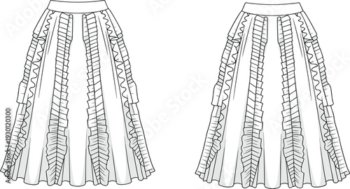 Two Long Skirts with Fringe and Zigzag Patterns Drawn in Black and White Line black and white fashion