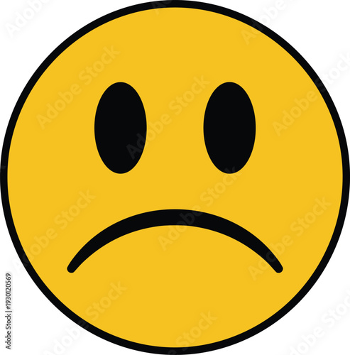 Yellow sad face emoji with black outline and black eyes and mouth