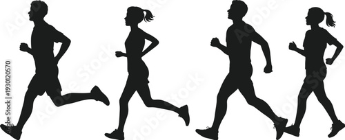 Group of men and women running silhouettes set including people jogging for fitness health exercise and marathon training isolated on white