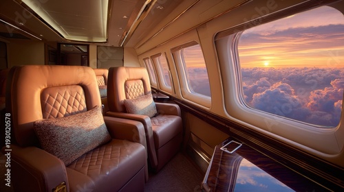 Luxury airplane cabin interior with comfortable leather seats and sunset view from windows