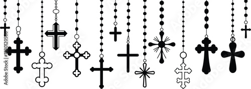 Rosary necklace collection with diverse cross pendants, religious beads, Christian prayer jewelry, ornate crucifix designs, spirituality symbol, faith accessory, cad drawing flat vector illustration
