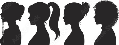 Set of female head profile silhouettes featuring various hairstyles like ponytails and curly hair for beauty fashion and salon branding