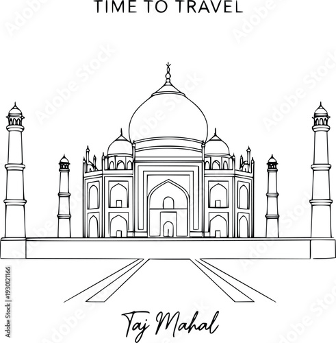 Taj Mahal Vector Line Art – India Landmark Travel Poster Illustration